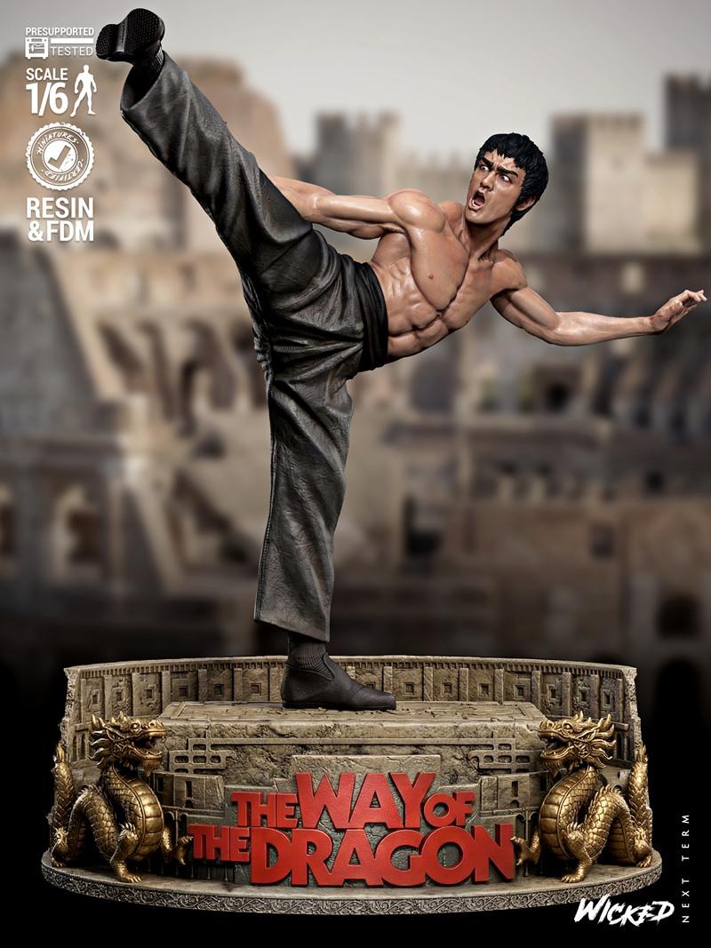 1:6 scale 3D print model of Bruce Lee performing a high kick, wearing black pants and no shirt, on a base with dragon...