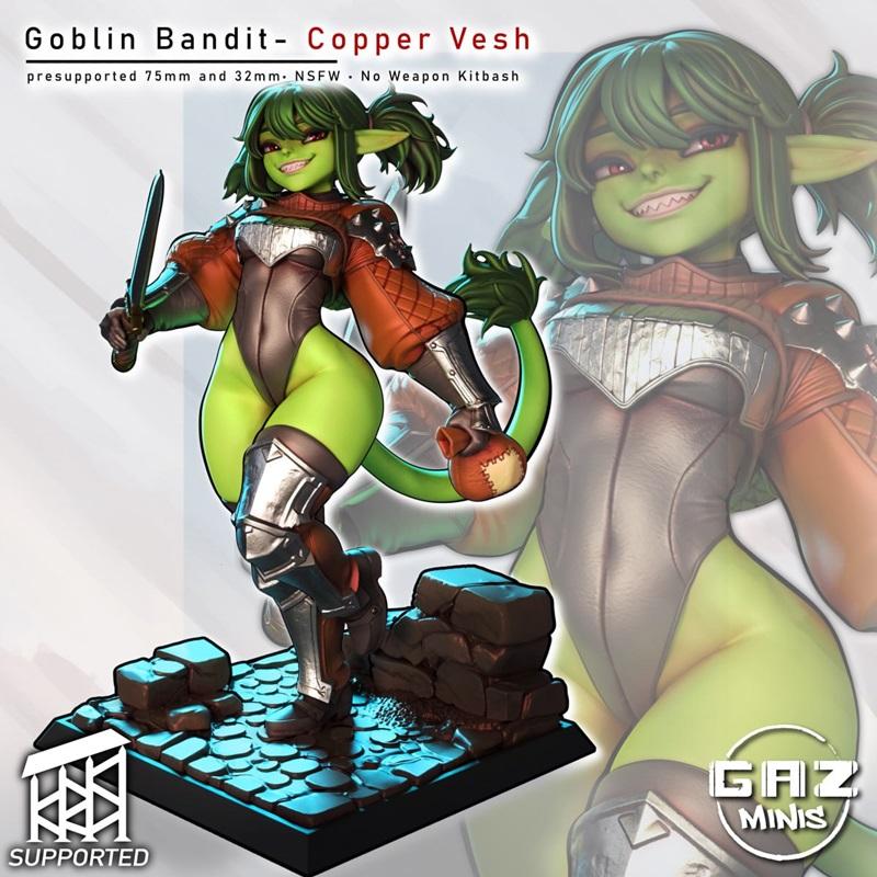 Gaz Minis Copper Vesh goblin bandit figure, green skin, revealing outfit with orange sleeves and metallic armor, hold...