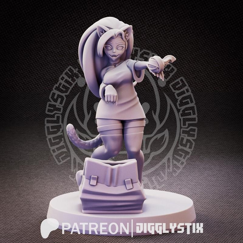 3D model of Playful Alicia, a catgirl figure with large ears and tail, in a playful pose next to an open book. She we...