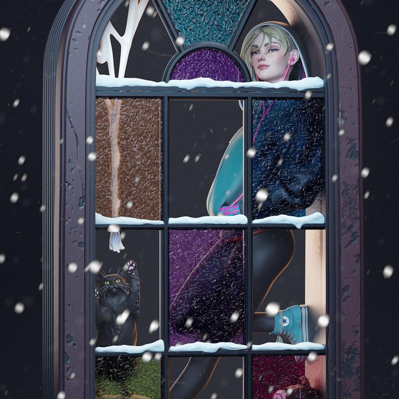 Spider-Gwen looking out a snow-covered stained-glass window, with a black cat on the sill. CA 3D Studios 3D model.