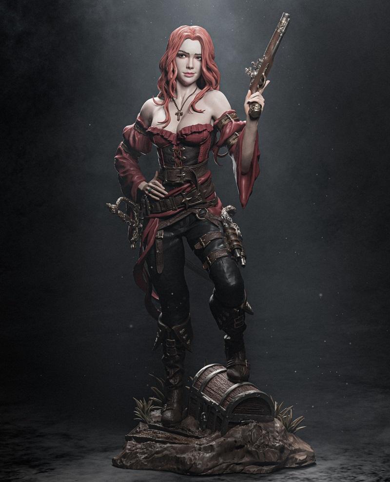 Female pirate figure with red hair, holding a flintlock pistol, standing on a treasure chest. Wearing a red corset an...