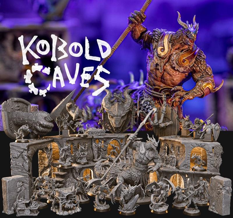 Collection of fantasy 3D printable miniatures including dragons, kobolds, warriors, and dungeon terrain pieces, prese...
