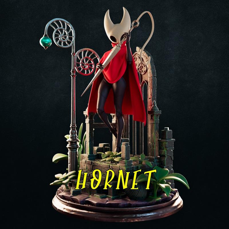 Hornet from Hollow Knight, wearing a red cape and mask, holding a needle weapon, standing on a diorama base with a st...