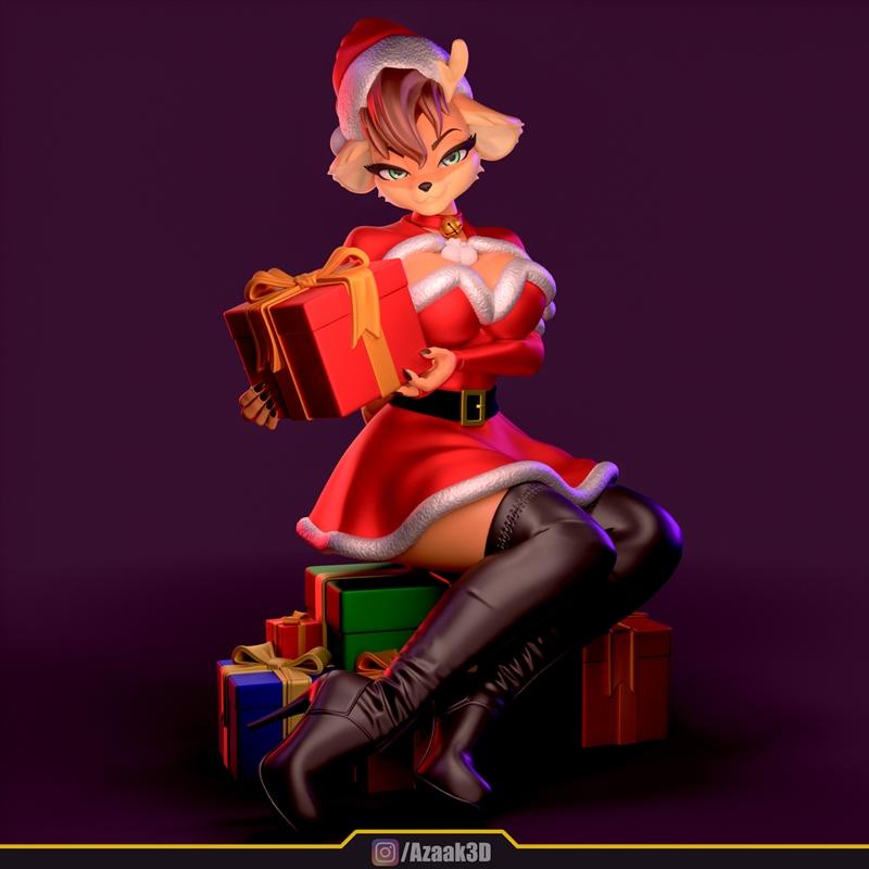 Stylized female deer character in a Christmas outfit, sitting on gift boxes and holding a present. Wearing a Santa ha...