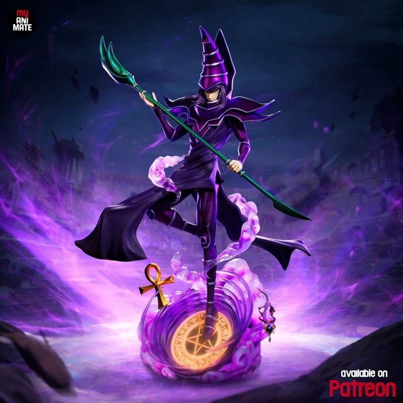Dark Magician figure from Yu-Gi-Oh! by MyAnimate, posed dynamically with a staff, surrounded by purple magical energy...