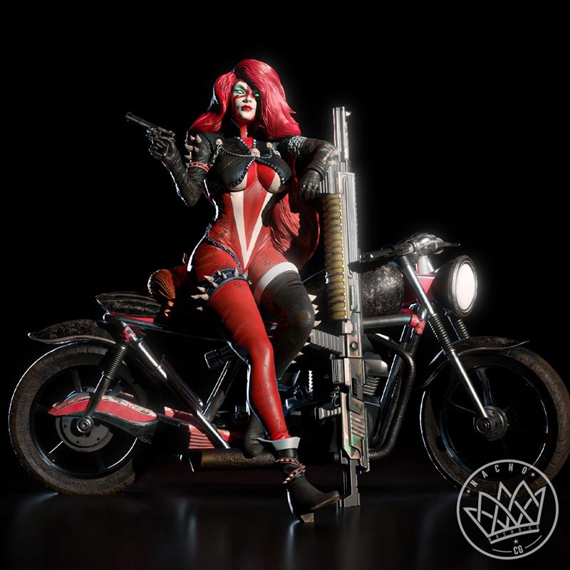 She-Spawn statue by Nacho CG, seated on a motorcycle, holding a handgun and leaning on a rifle. She wears a red and w...