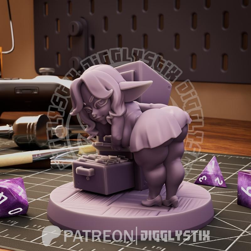 3D model of a chubby goblin girl leaning over a filing cabinet, wearing a short skirt. Jigglystix studio.