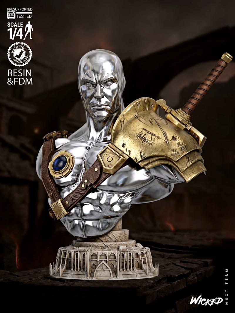 Silver Surfer bust with metallic finish, wearing golden shoulder armor and a leather chest strap with a blue gem. The...