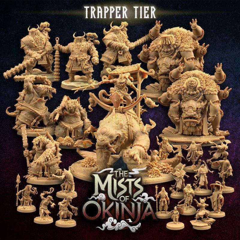 Collection of fantasy miniatures from The Dragon Trappers Lodge, featuring samurai warriors, large horned demons, and...