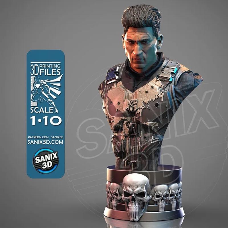 Sanix 3D Punisher bust with detailed armor and skull-adorned base, scale 1:10.