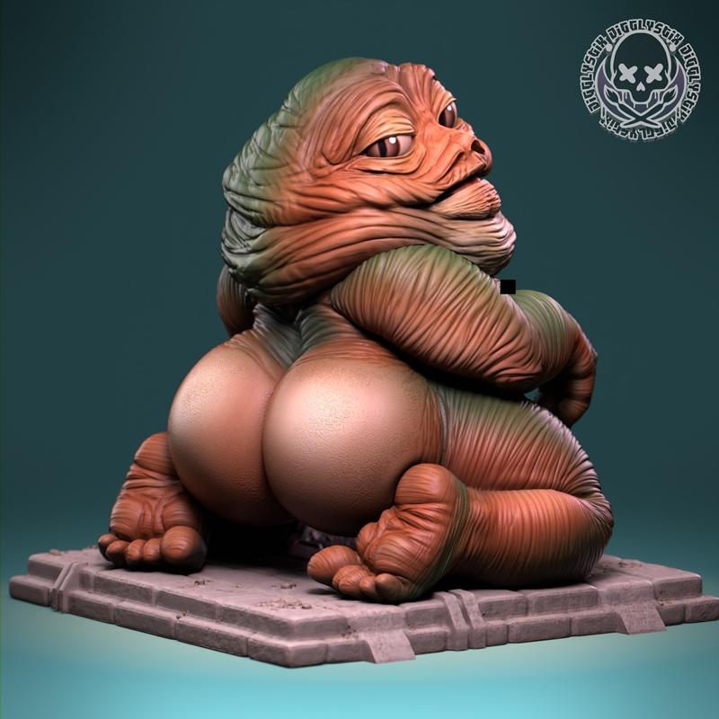 3D model of Jabba the Hutt in a provocative, 'thicc' pose, with detailed skin texture and a stone base. Studio logo v...