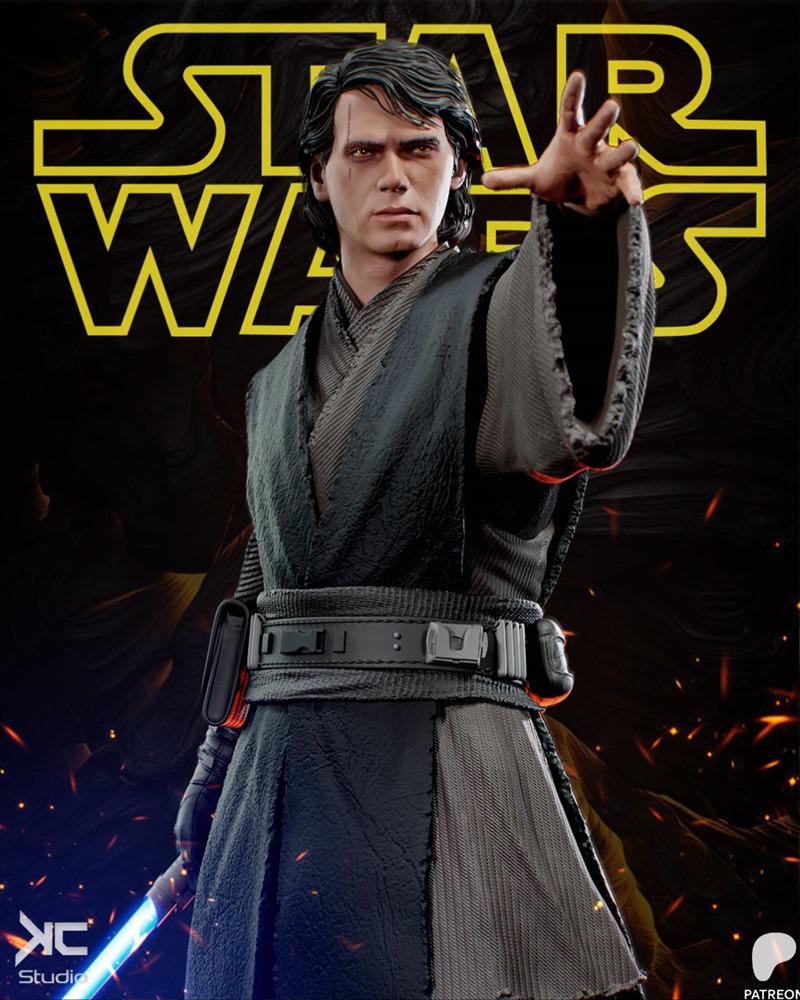 Anakin Skywalker figure with blue lightsaber, wearing Jedi robes and belt, reaching out with his hand. Star Wars logo...