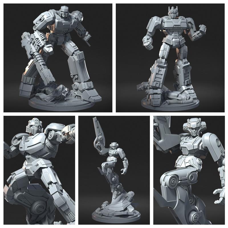 Collection of 3D printable models of Transformers characters in various poses, including one with a large weapon and...