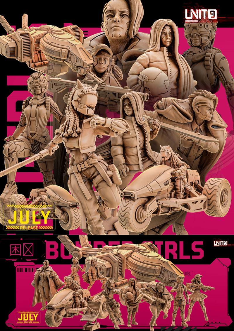 Collection of Unit9 3D printable models: cyberpunk female soldiers with futuristic weapons and vehicles, including mo...