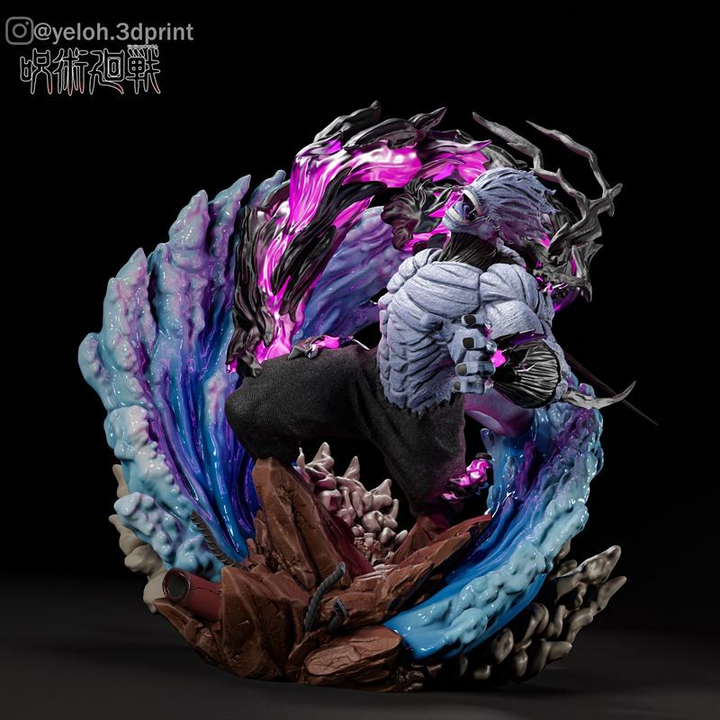 Mahito from Jujutsu Kaisen in a dynamic pose, surrounded by purple and blue energy effects, with a detailed rocky bas...