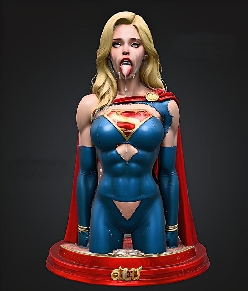 Bust of Supergirl in a blue costume with red cape, 'S' shield emblem, and suggestive facial expression, on a red base.