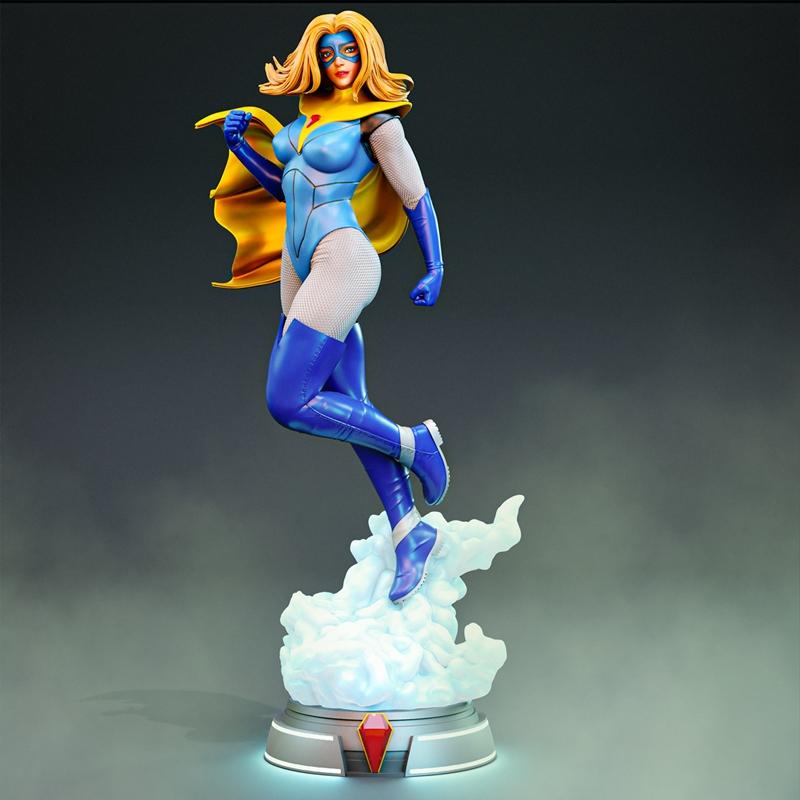 3D model of Blonde Blazer superheroine in a dynamic flying pose, wearing a blue and yellow costume with a mask and ca...