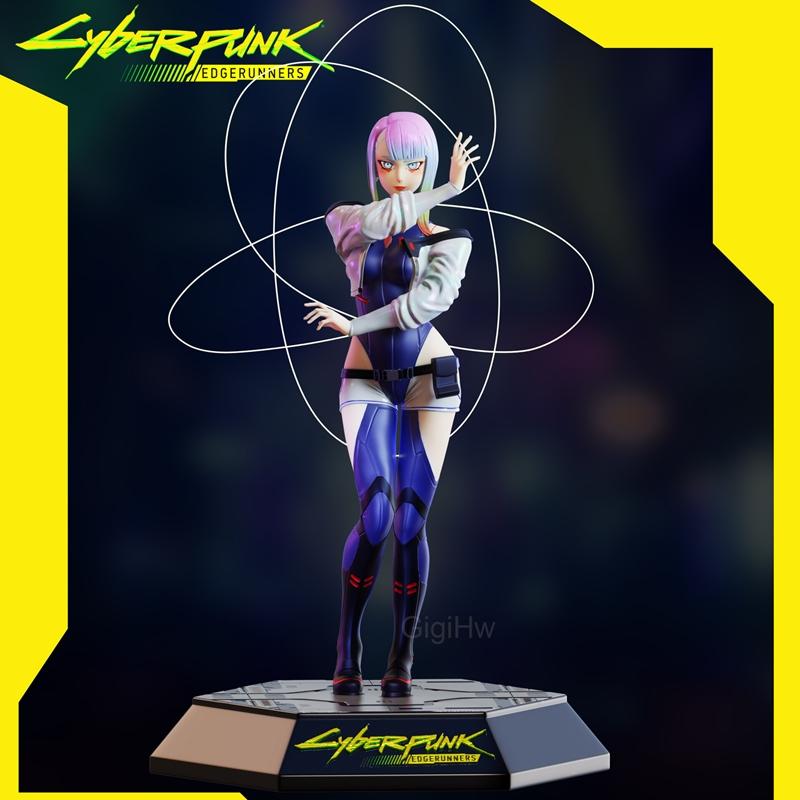 Lucy from Cyberpunk: Edgerunners 3D model figure, wearing a blue and white bodysuit, cropped jacket, and thigh-high b...