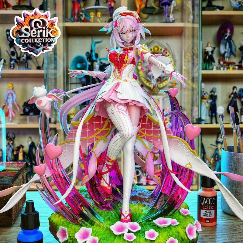 Elysia from Honkai Impact figure by Serik Collection, in a pink and white outfit with wings, standing on a floral base.