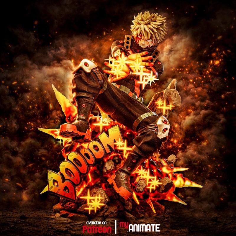 Katsuki Bakugo figure in a dynamic action pose, surrounded by fire and debris, with "BOOOM!" text on the ba...
