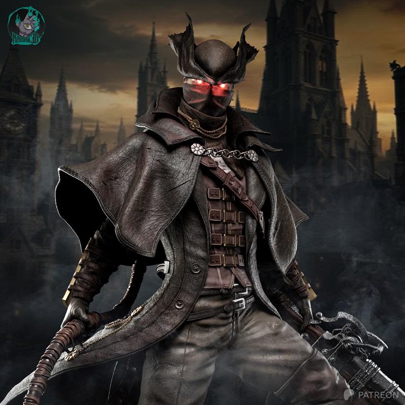 The Hunter from Bloodborne, a male figure in a dark leather coat and mask with glowing red eyes, holding a whip and f...