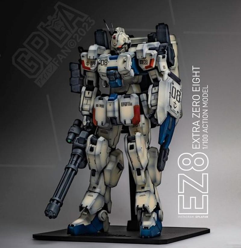 1/100 scale EZ8 Gundam mobile suit 3D model, featuring detailed armor, a large rifle, and a display base. The mecha i...