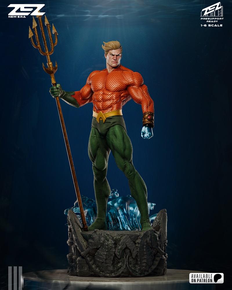 ZEZ Studio 1:6 scale Aquaman figure holding a trident, standing on a rocky base with underwater effects. He wears ora...