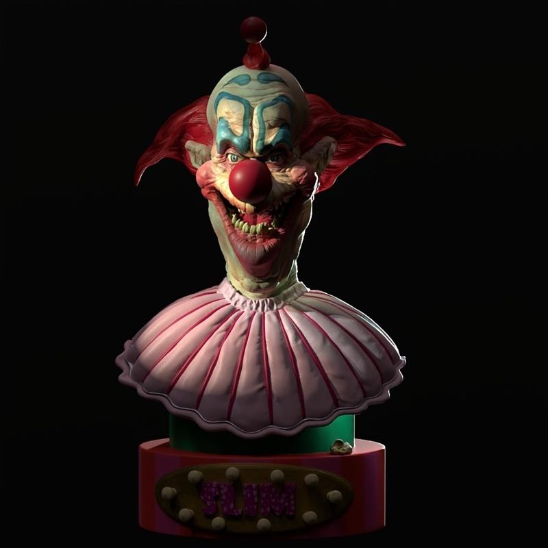 3D printable bust of Slim the Killer Klown from Outer Space, featuring a grotesque face, red hair, and a pink ruffled...