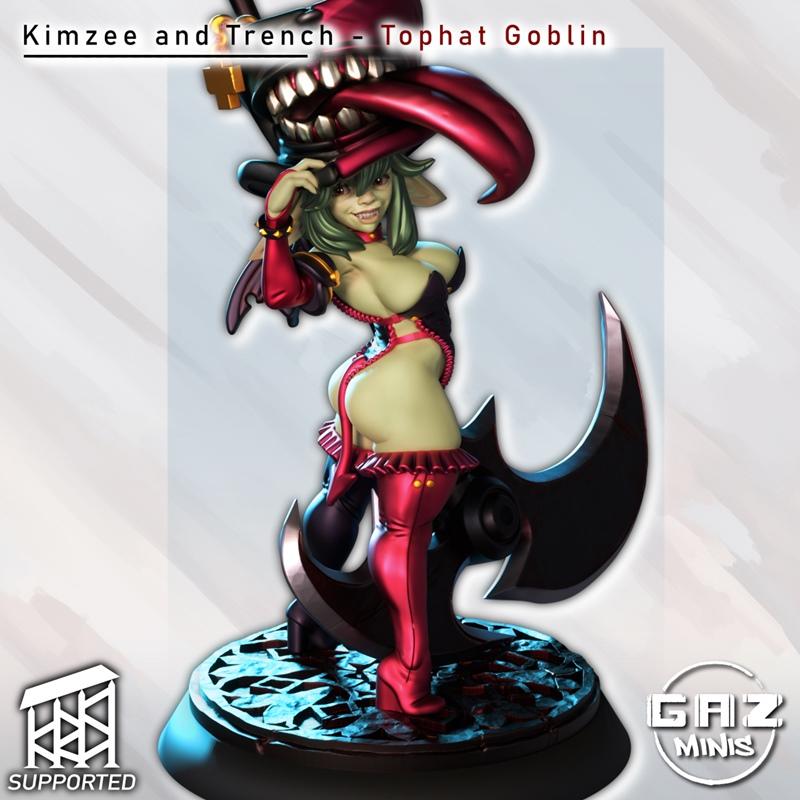 Kimzee and Trench Tophat Goblin 3D model figure by Gaz Minis, wearing a revealing red and black outfit, holding a lar...