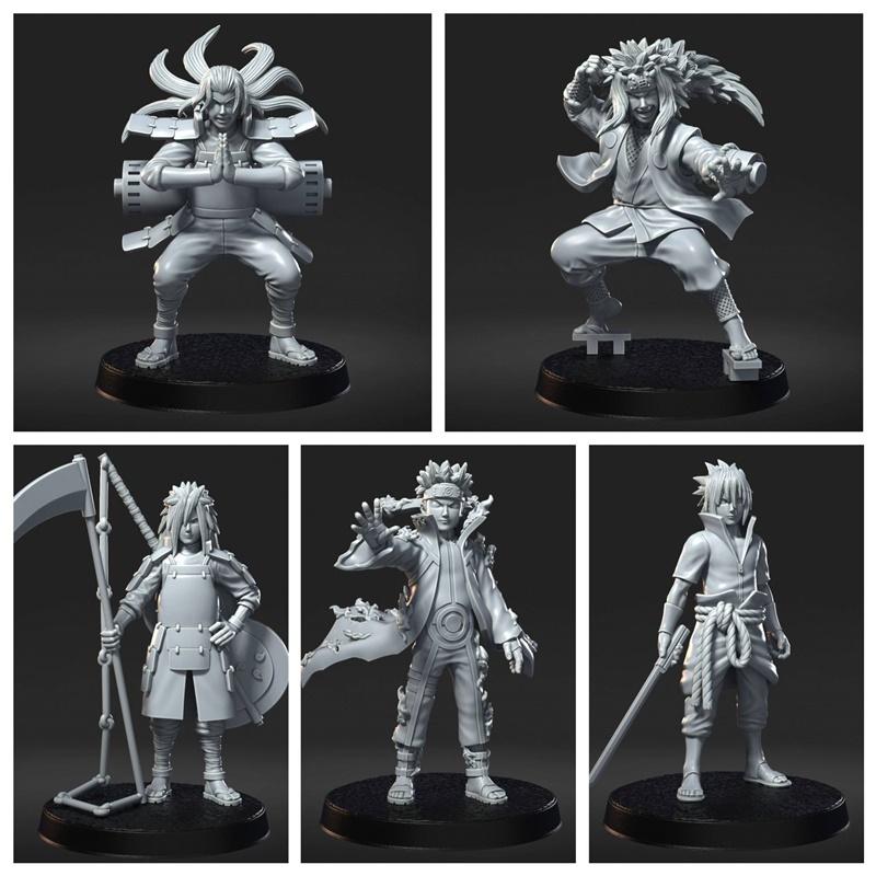 Collection of five 3D printable anime figures: Naruto Uzumaki in Sage Mode, Madara Uchiha with scythe, Sasuke Uchiha...