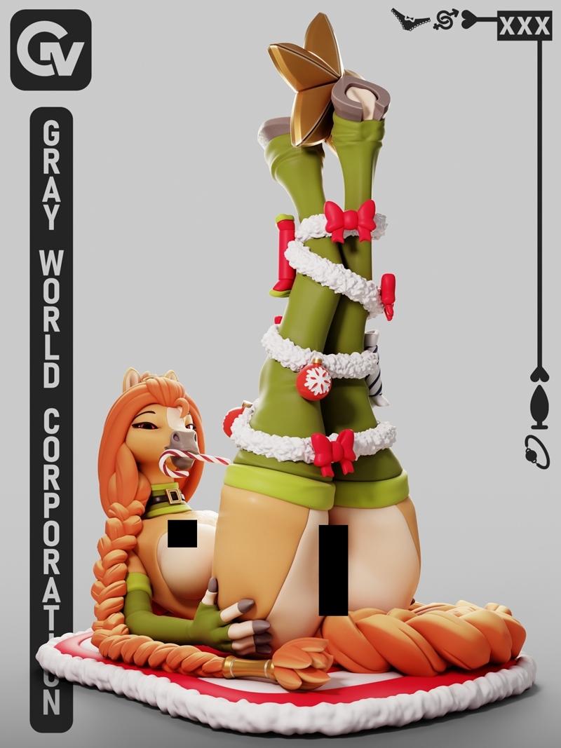 Stylized anthropomorphic horse character in a suggestive Christmas pose, adorned with green elf-like attire, red bows...