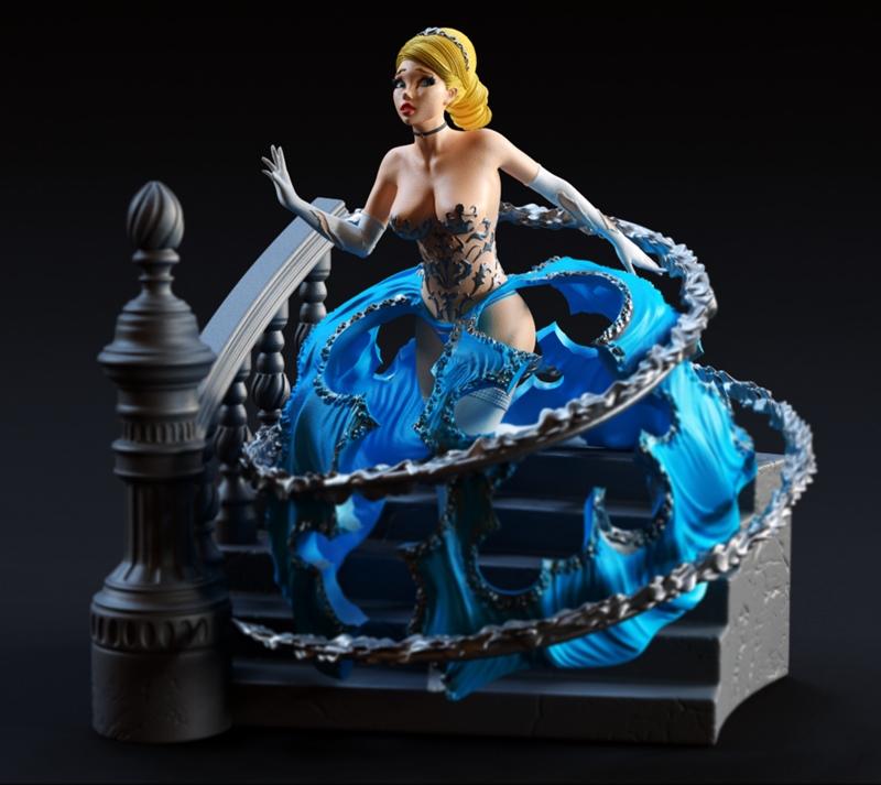Stylized Cinderella figure with flowing blue ballgown and exposed upper body, standing on a stone staircase. Detailed...