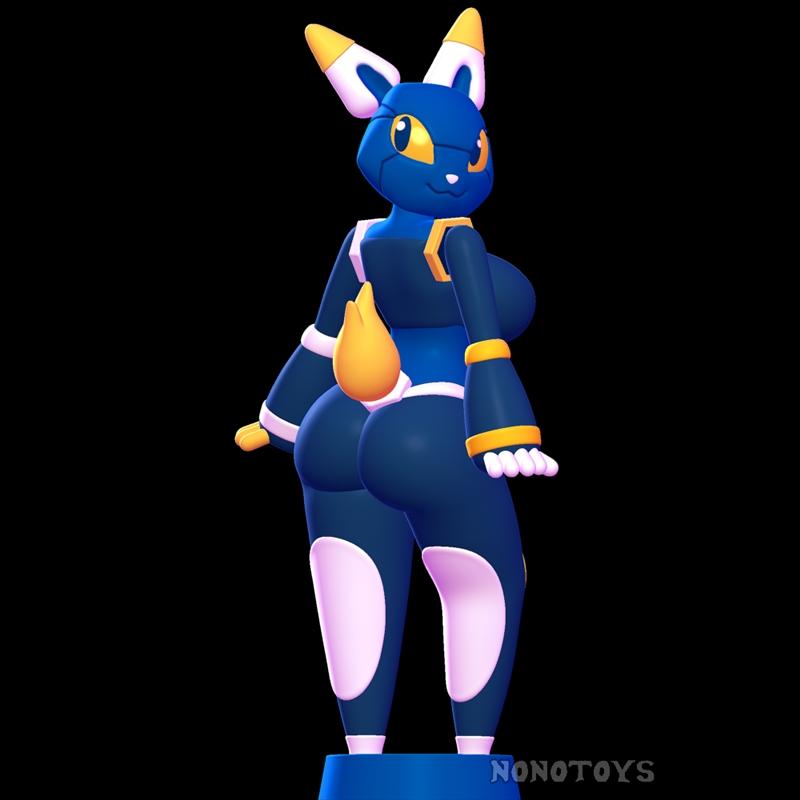 Anthropomorphic blue mascot character with yellow eyes and ears, a flame tail, and exaggerated curves, standing on a...