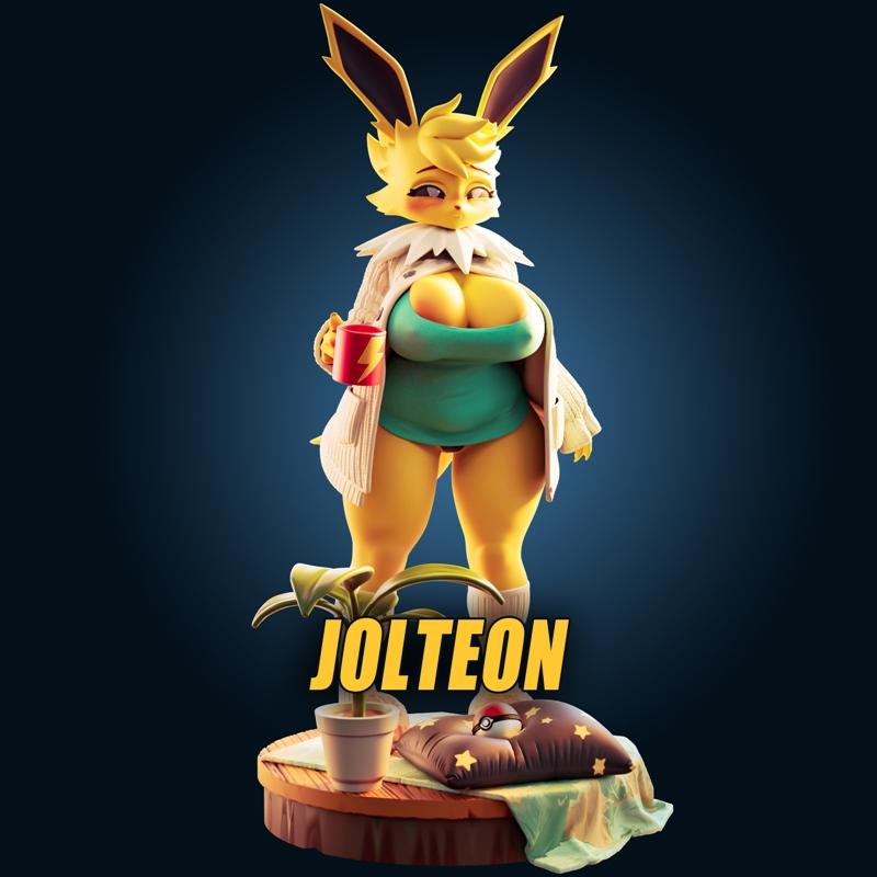 Anthropomorphic Jolteon character in a teal top and cream cardigan, holding a coffee mug, standing on a circular base...