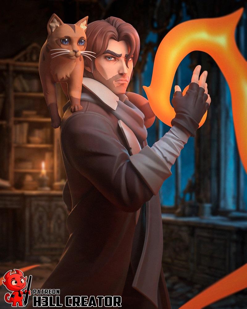 3D model of Caleb Widogast with a cat on his shoulder, conjuring orange magic with his hand. He wears a brown coat an...