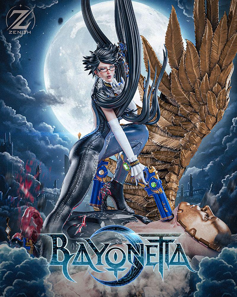Bayonetta figure in a dynamic action pose, wearing glasses and holding dual pistols, with a large moon in the backgro...