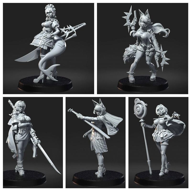 Collection of five 3D printable female character models: mermaid-sword, fox-eared warrior, samurai, cape-sword, and m...
