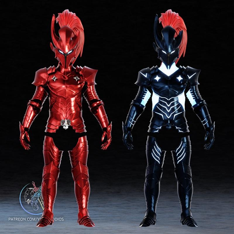 Two full-body 3D models of Igris Armor from Solo Leveling: one in metallic red, the other in black with white glowing...