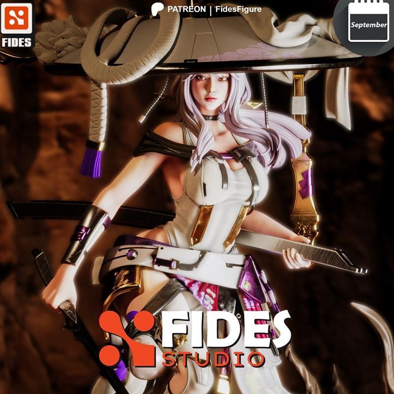 Fides Figure's Scarlet from Stellar Blade, a 3D printable model STL. She has long purple hair, wears a white and gold...