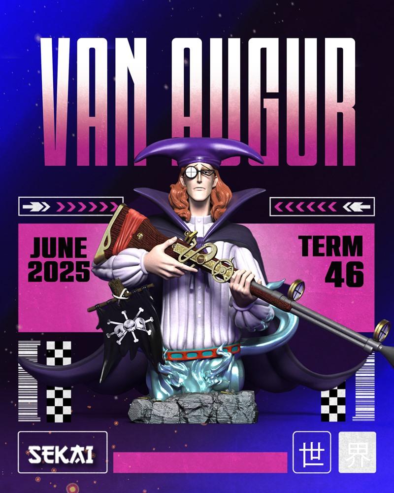 Bust of Van Augur from One Piece, holding a flintlock rifle, wearing a purple hat and glasses, with a Jolly Roger flag.