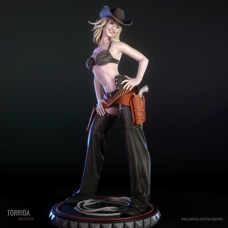 Nancy Callahan 3D model in cowgirl attire: studded bra, chaps, cowboy hat, holster with revolver. Posed dynamically o...