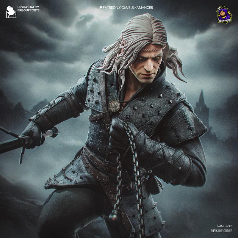 Geralt of Rivia 3D model figure, wearing studded leather armor and holding a sword and chain, with white hair and sca...