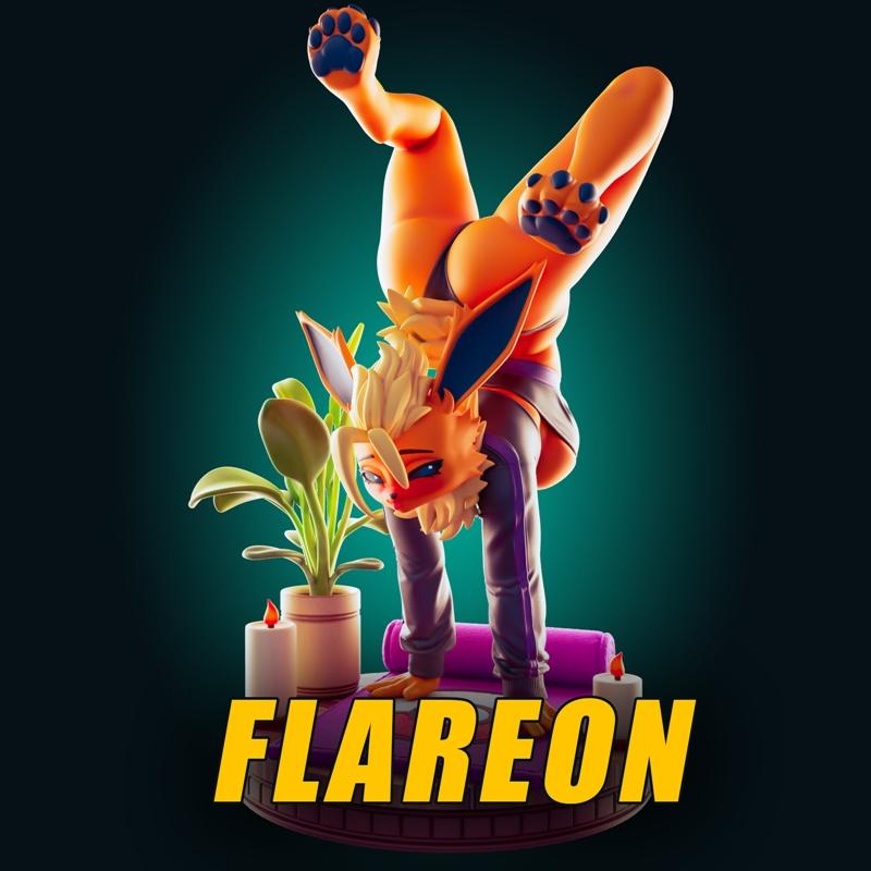 Officer Rhu's 3D model of Flareon performing a handstand yoga pose, with a plant, candles, and yoga mat on the base.
