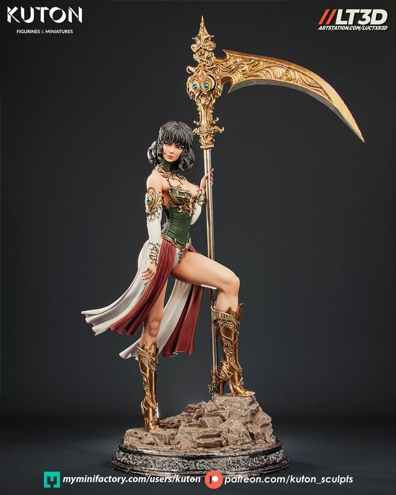 Fantasy figure of Luneth holding a large, ornate golden scythe, standing on a rocky base. She wears a revealing green...
