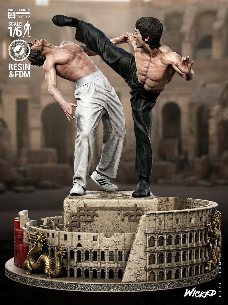 1/6 scale 3D printable diorama of a martial arts fight scene at the Colosseum, with two figures in dynamic poses, one...