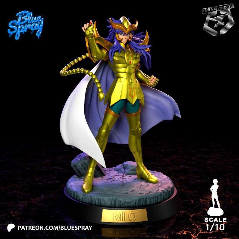 Milo of Scorpio from Saint Seiya, wearing golden armor and a purple cape, posed dynamically on a rocky base. Scale 1:10.