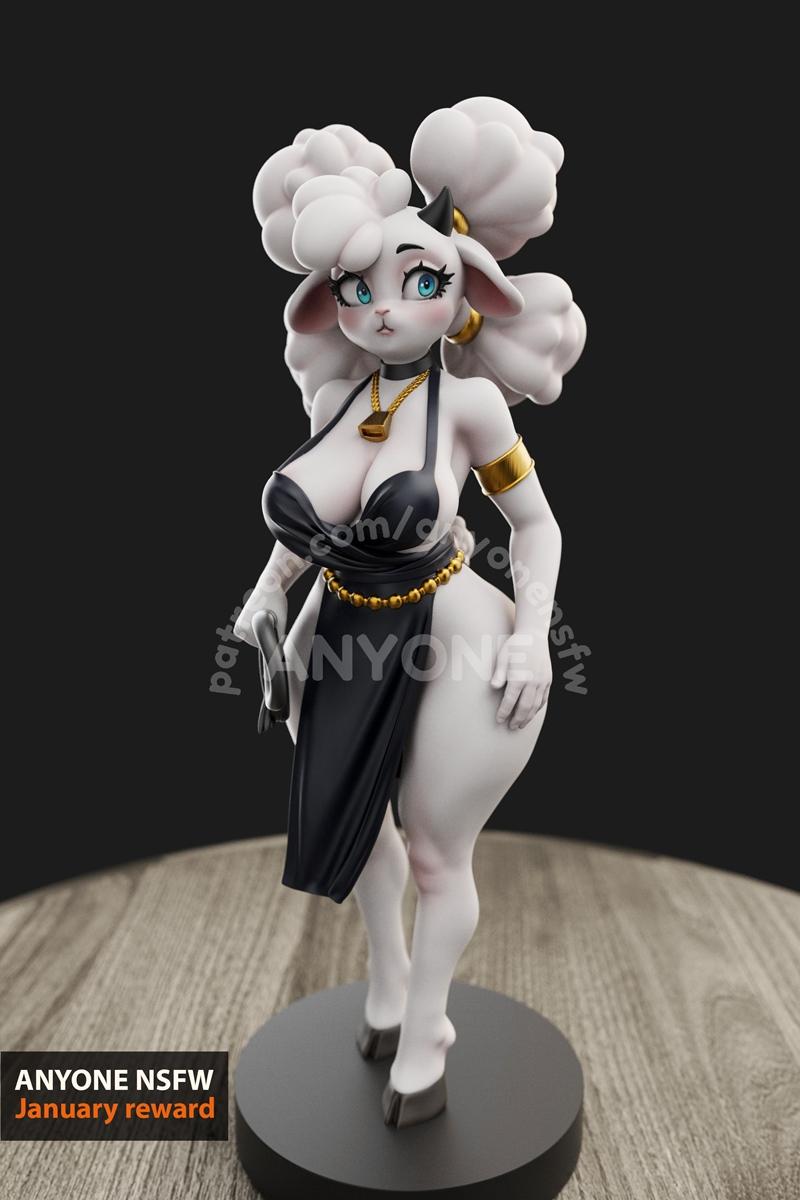 Anthropomorphic sheep character 'The Sheep' by AnyoneNSFW, wearing a black revealing dress and gold jewelry, with flu...