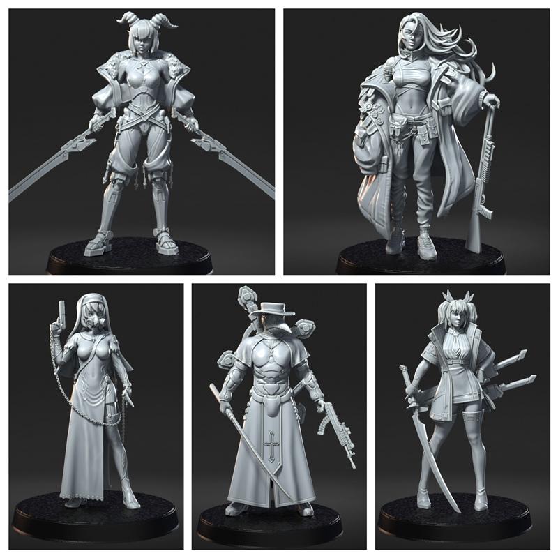 Five cyberpunk female figures for 3D printing: one with horns and dual swords, another with a rifle and long coat, a...