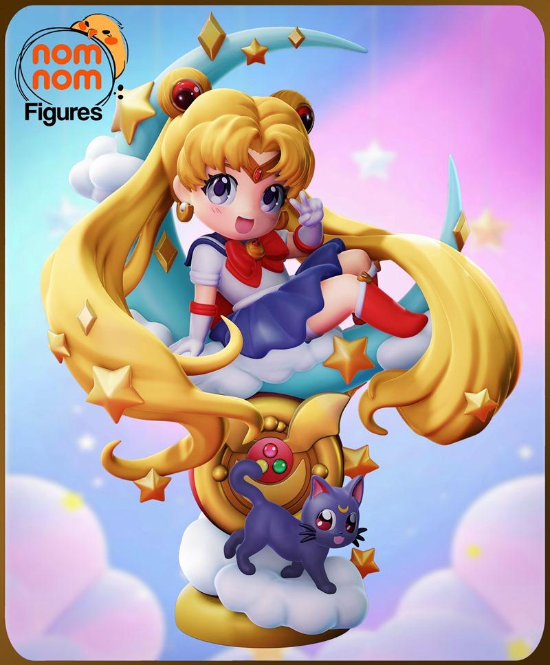 Chibi Sailor Moon figure sitting on a crescent moon with stars and clouds, accompanied by Luna the cat. Nomnom Figure...