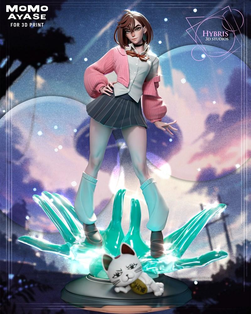 Hybris Studios 3D model of Momo Ayase from Chainsaw Man, wearing a school uniform and pink cardigan, standing on a gl...